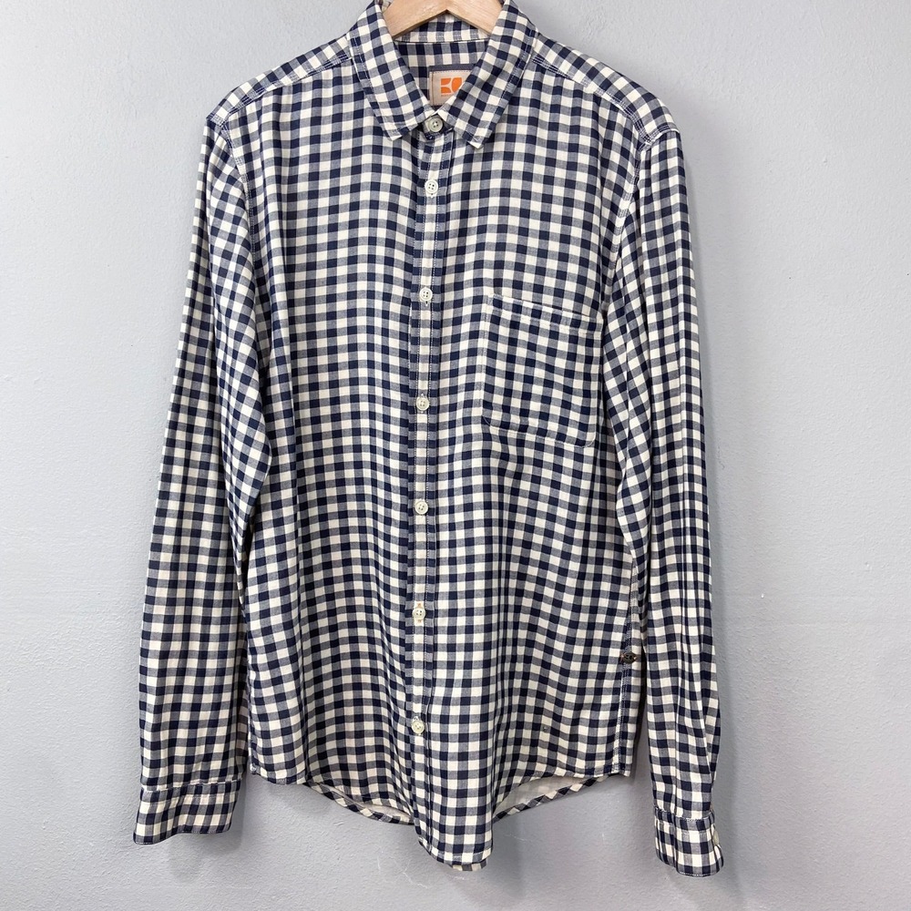 Hugo BOSS Orange Gingham Check Shirt Size L Navy Beige Plaid Western Preppy Top
